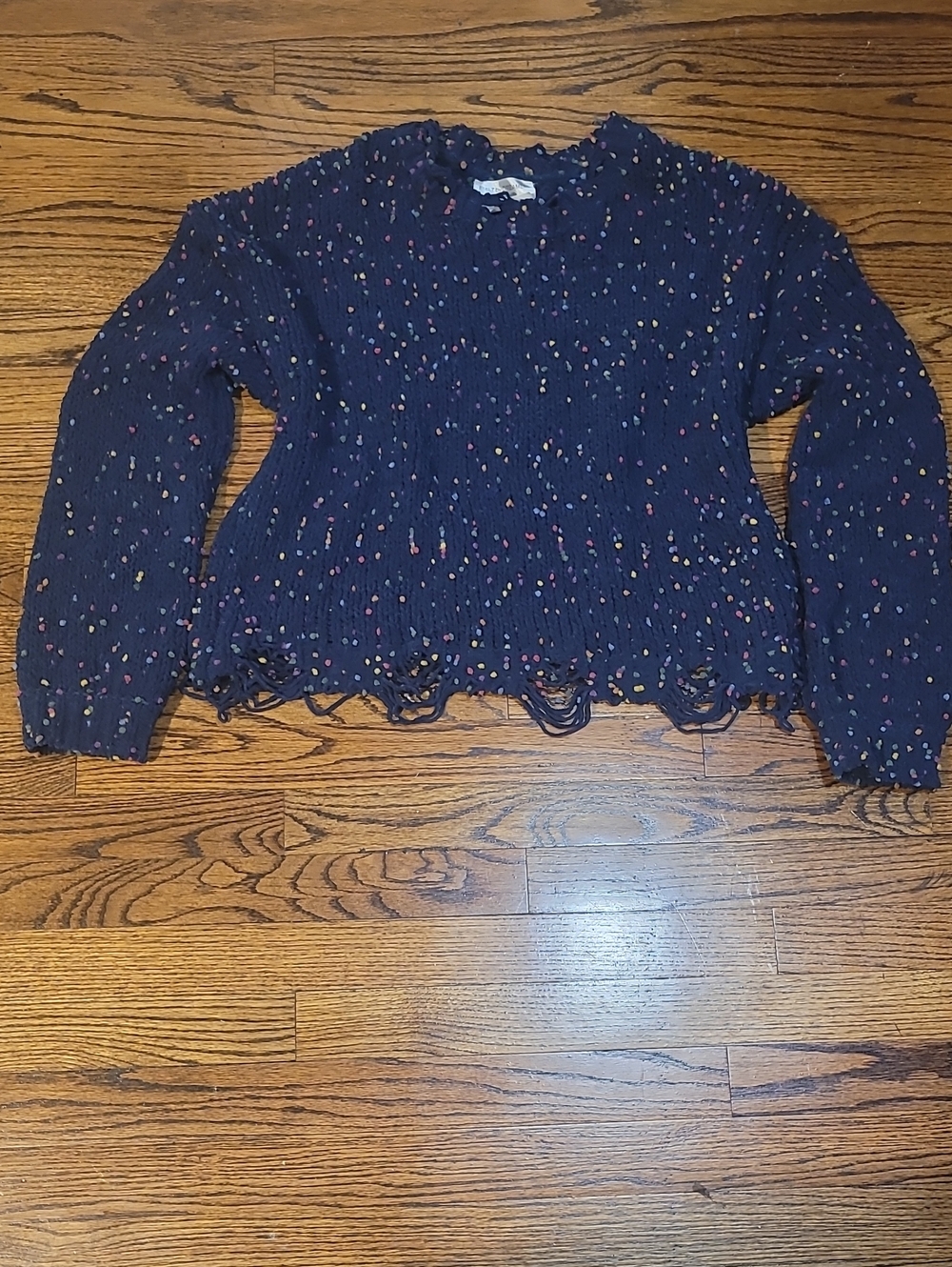 Dreamers Navy Smocked Long-Sleeve Sweater with Multicolor Dots And Fringe Detail